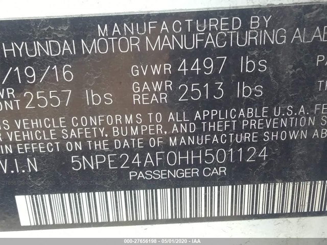 Photo 8 VIN: 5NPE24AF0HH501124 - HYUNDAI SONATA 