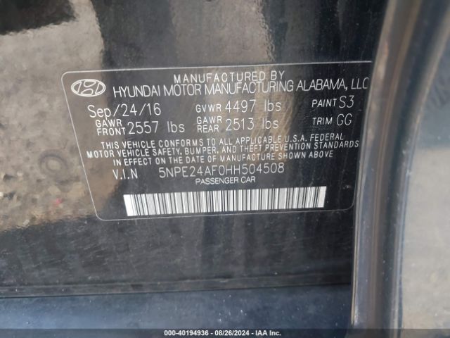 Photo 8 VIN: 5NPE24AF0HH504508 - HYUNDAI SONATA 