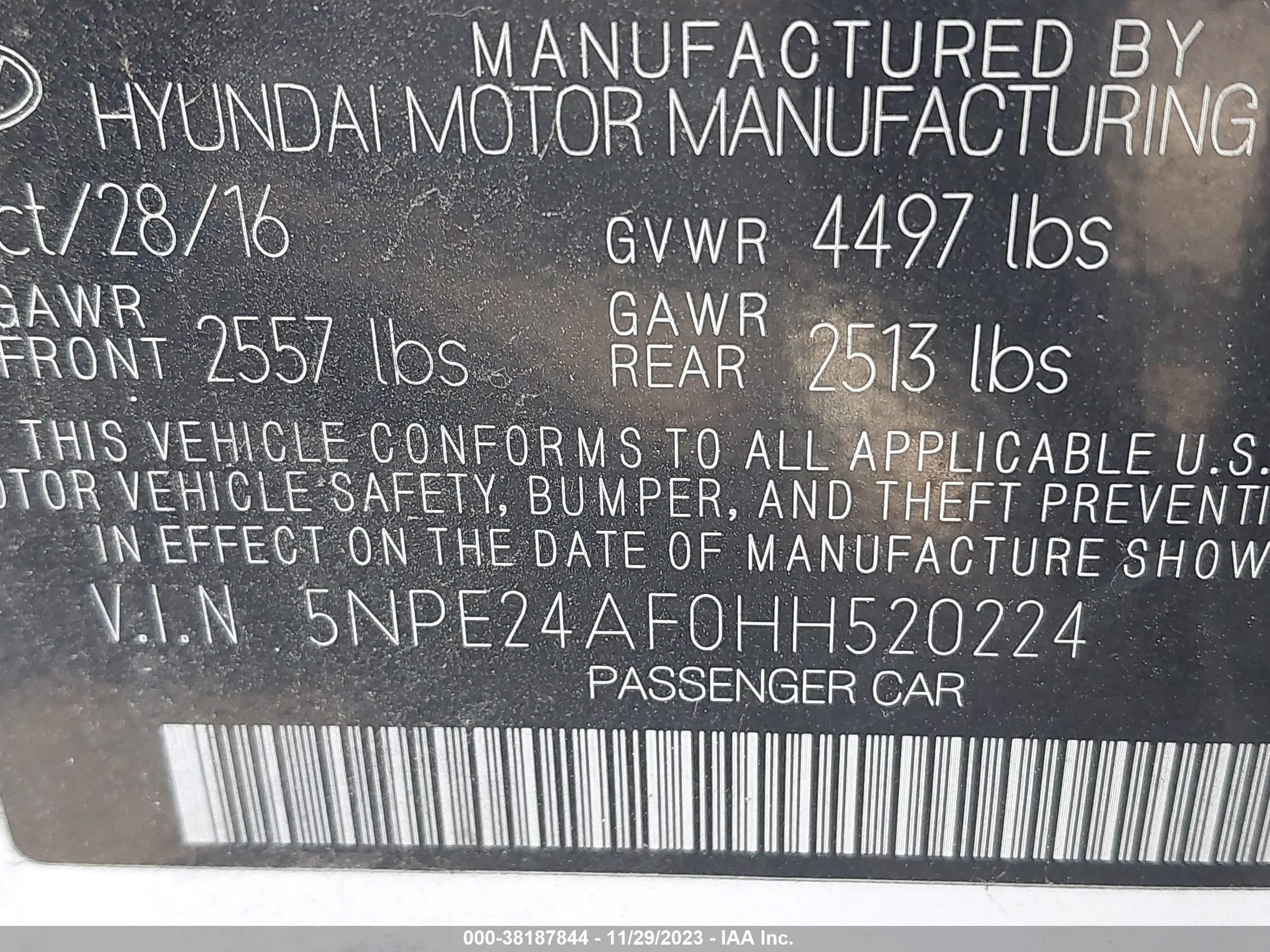 Photo 8 VIN: 5NPE24AF0HH520224 - HYUNDAI SONATA 