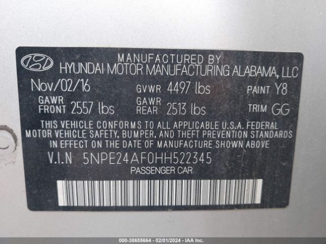 Photo 8 VIN: 5NPE24AF0HH522345 - HYUNDAI SONATA 