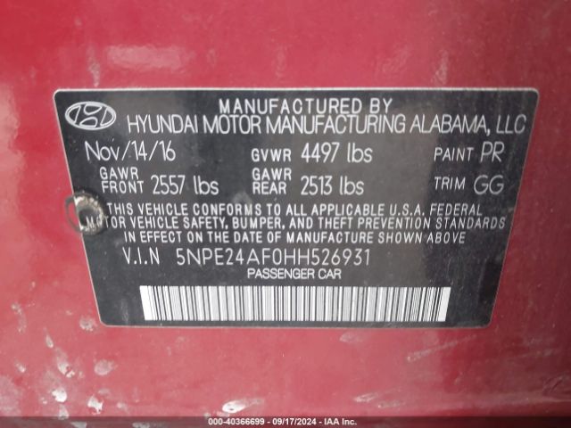 Photo 8 VIN: 5NPE24AF0HH526931 - HYUNDAI SONATA 