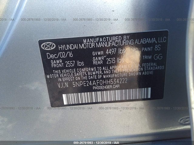 Photo 8 VIN: 5NPE24AF0HH534222 - HYUNDAI SONATA 