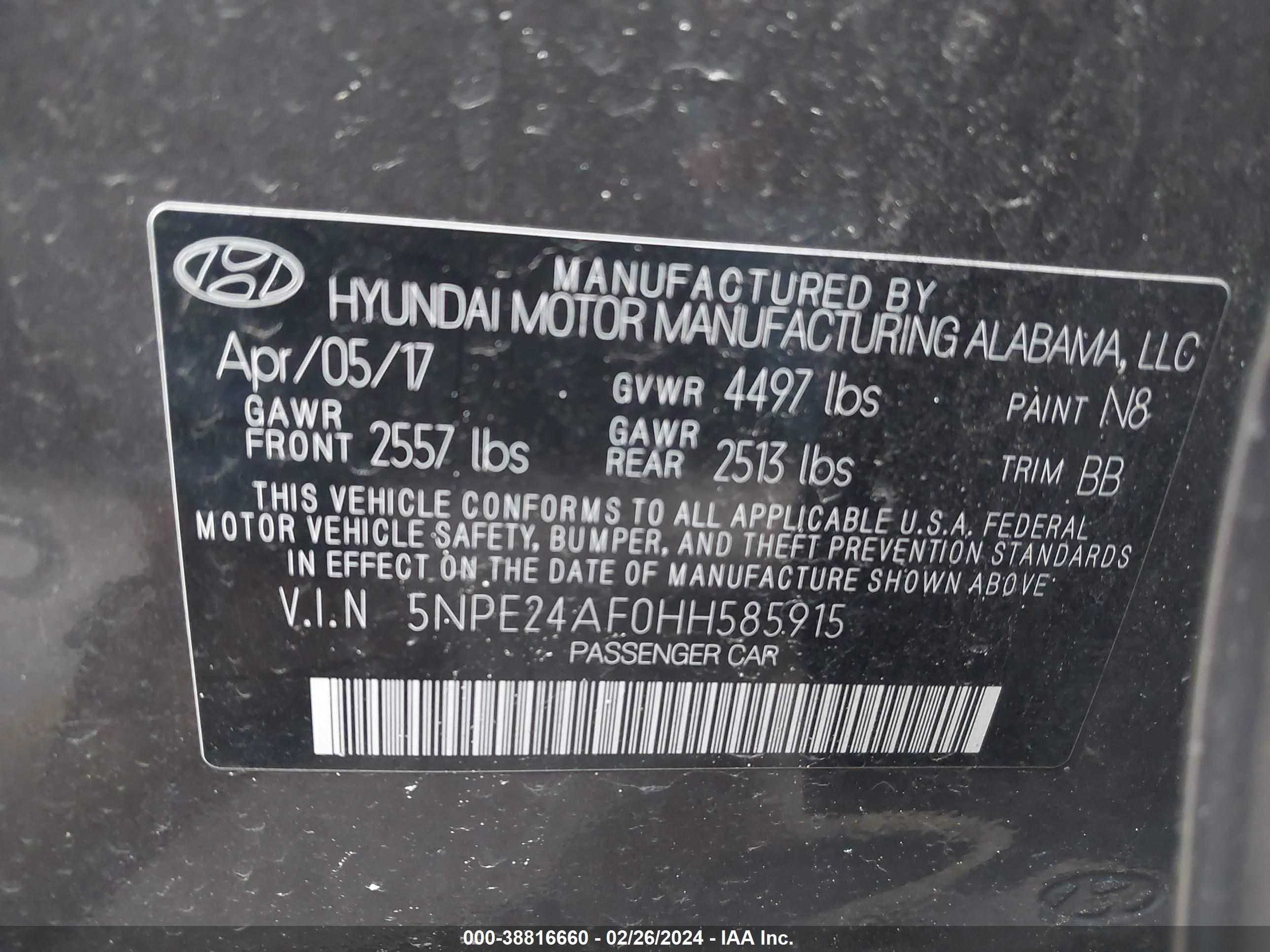 Photo 8 VIN: 5NPE24AF0HH585915 - HYUNDAI SONATA 