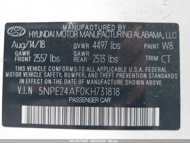 Photo 8 VIN: 5NPE24AF0KH731818 - HYUNDAI SONATA 