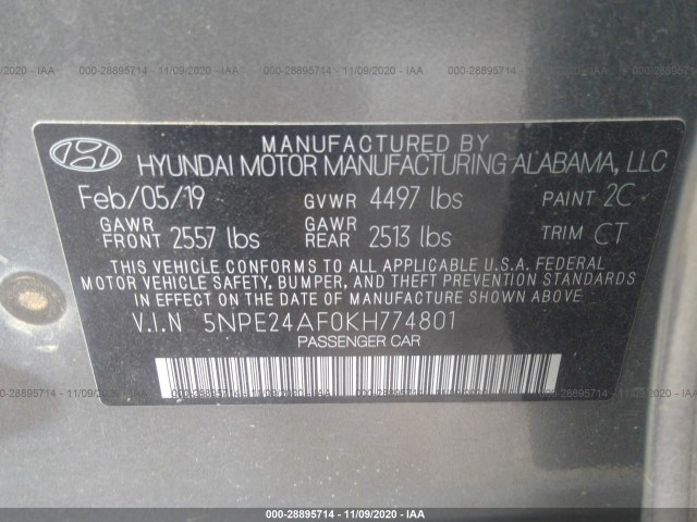 Photo 8 VIN: 5NPE24AF0KH774801 - HYUNDAI SONATA 