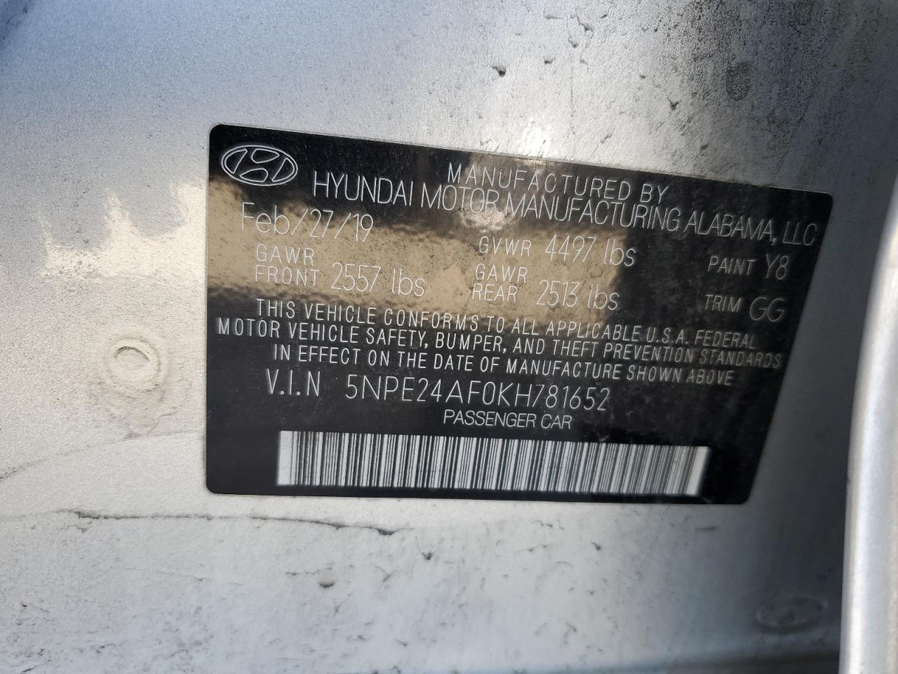 Photo 11 VIN: 5NPE24AF0KH781652 - HYUNDAI SONATA 