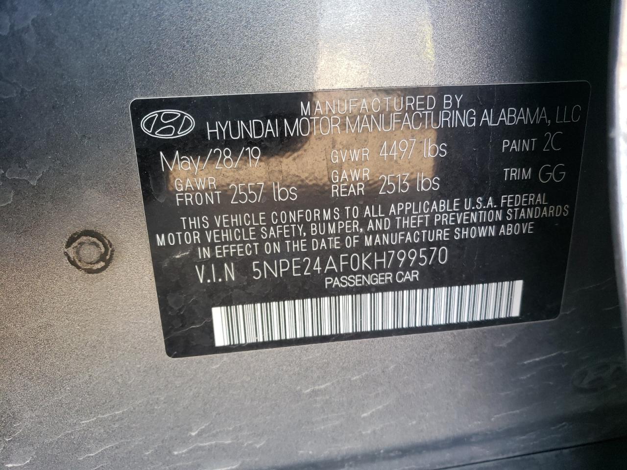 Photo 11 VIN: 5NPE24AF0KH799570 - HYUNDAI SONATA 