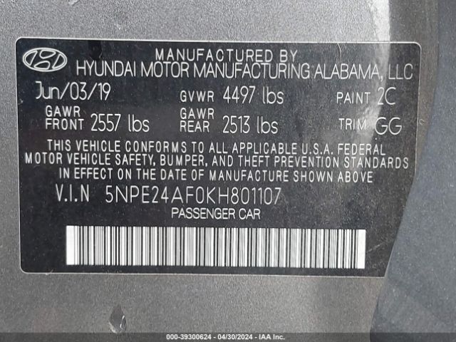 Photo 8 VIN: 5NPE24AF0KH801107 - HYUNDAI SONATA 