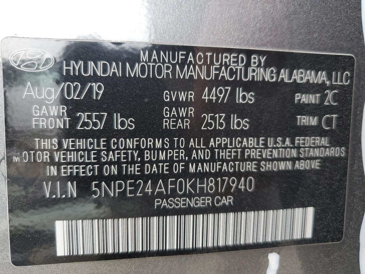 Photo 12 VIN: 5NPE24AF0KH817940 - HYUNDAI SONATA 