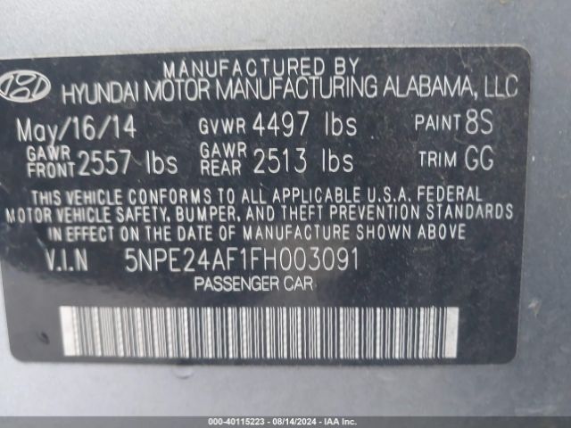 Photo 8 VIN: 5NPE24AF1FH003091 - HYUNDAI SONATA 