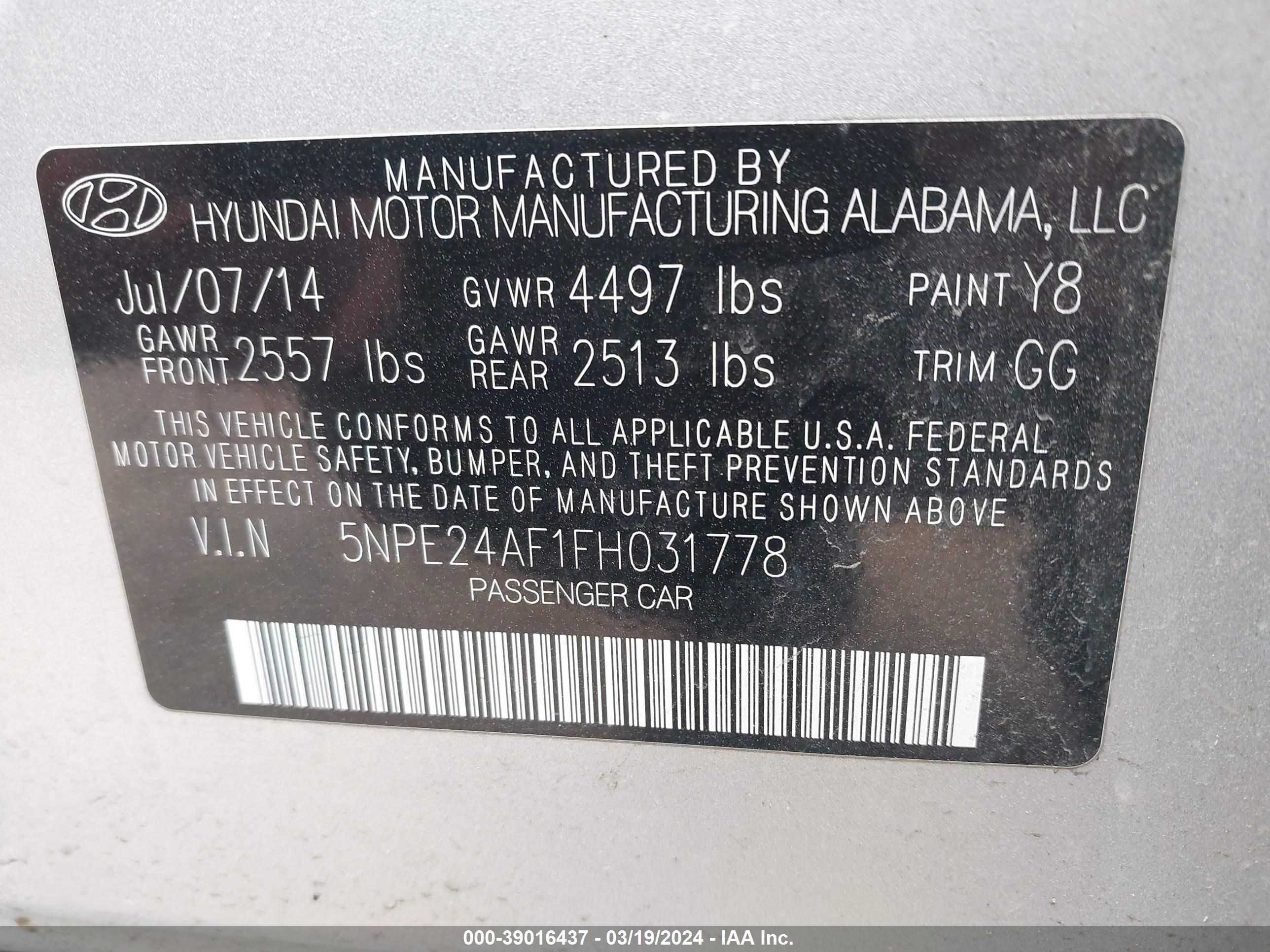 Photo 9 VIN: 5NPE24AF1FH031778 - HYUNDAI SONATA 