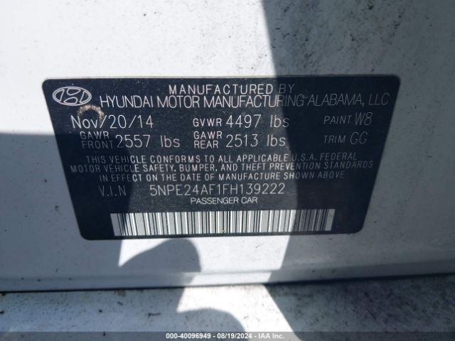 Photo 8 VIN: 5NPE24AF1FH139222 - HYUNDAI SONATA 