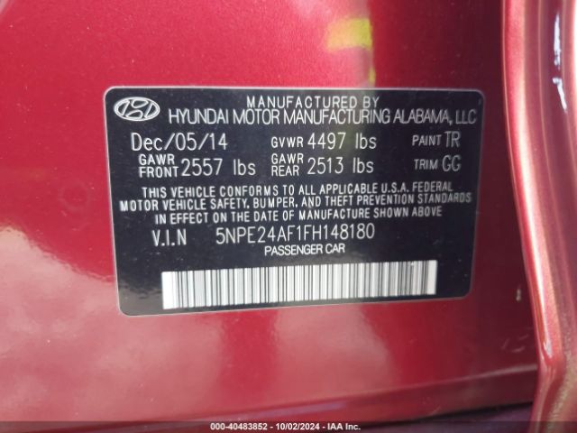 Photo 8 VIN: 5NPE24AF1FH148180 - HYUNDAI SONATA 