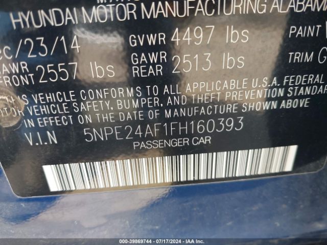 Photo 8 VIN: 5NPE24AF1FH160393 - HYUNDAI SONATA 