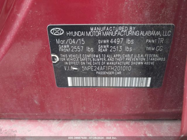 Photo 8 VIN: 5NPE24AF1FH201010 - HYUNDAI SONATA 