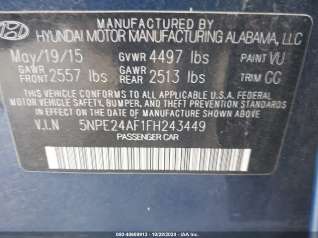 Photo 8 VIN: 5NPE24AF1FH243449 - HYUNDAI SONATA 