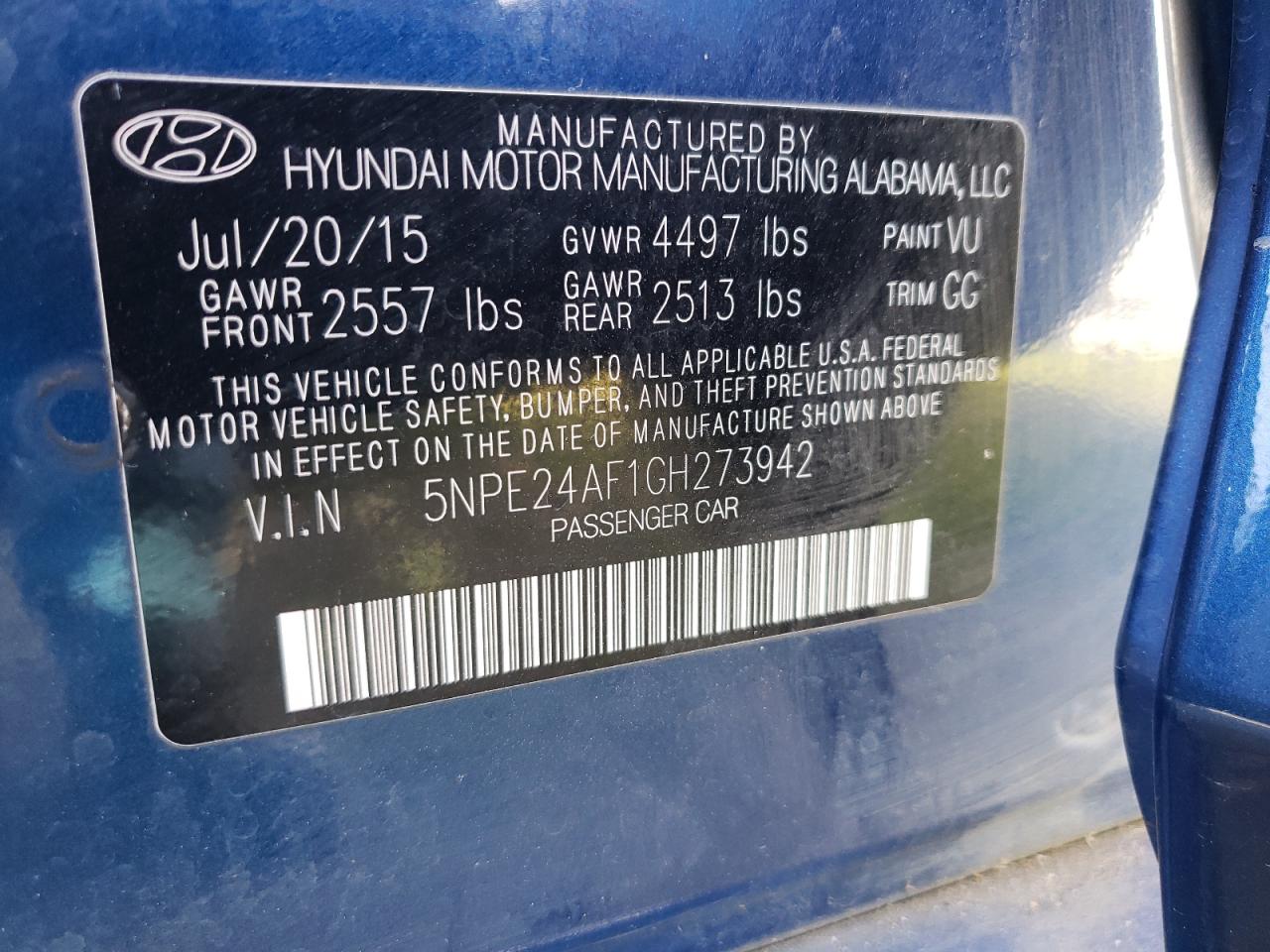 Photo 11 VIN: 5NPE24AF1GH273942 - HYUNDAI SONATA 