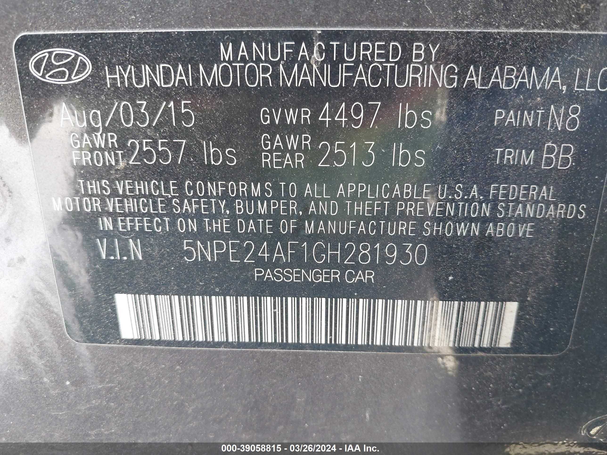 Photo 8 VIN: 5NPE24AF1GH281930 - HYUNDAI SONATA 