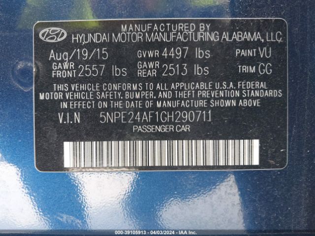 Photo 8 VIN: 5NPE24AF1GH290711 - HYUNDAI SONATA 