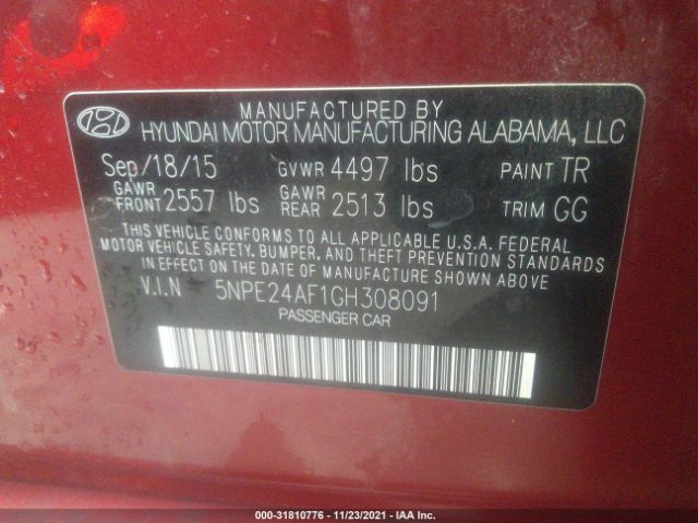 Photo 8 VIN: 5NPE24AF1GH308091 - HYUNDAI SONATA 