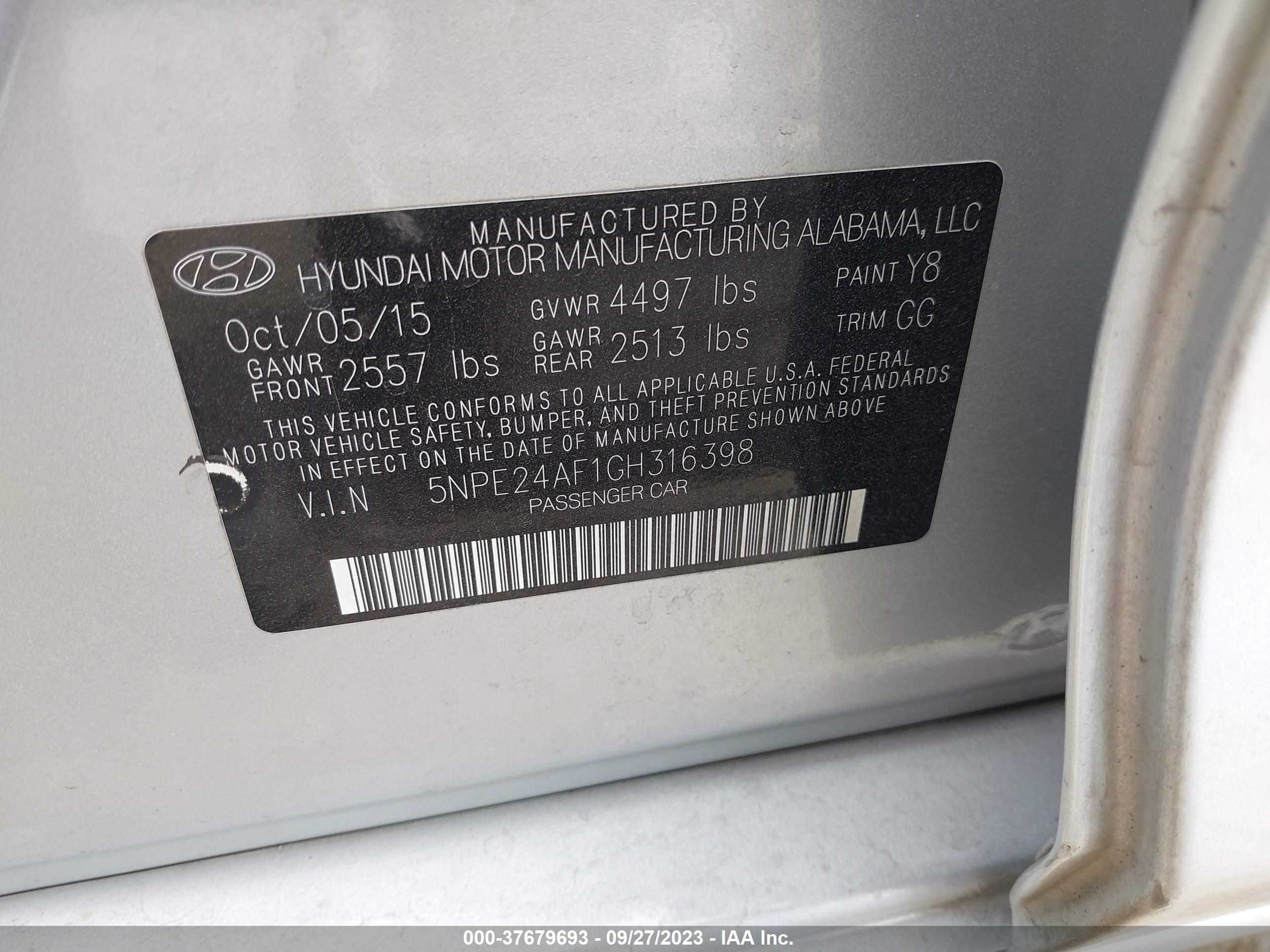 Photo 8 VIN: 5NPE24AF1GH316398 - HYUNDAI SONATA 