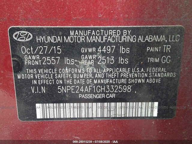 Photo 8 VIN: 5NPE24AF1GH332598 - HYUNDAI SONATA 