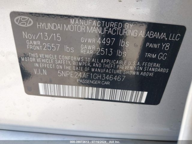 Photo 8 VIN: 5NPE24AF1GH346467 - HYUNDAI SONATA 