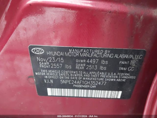 Photo 8 VIN: 5NPE24AF1GH352477 - HYUNDAI SONATA 