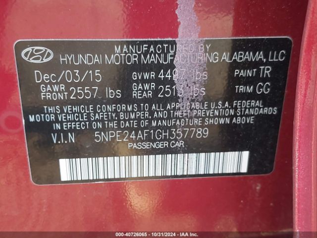 Photo 8 VIN: 5NPE24AF1GH357789 - HYUNDAI SONATA 