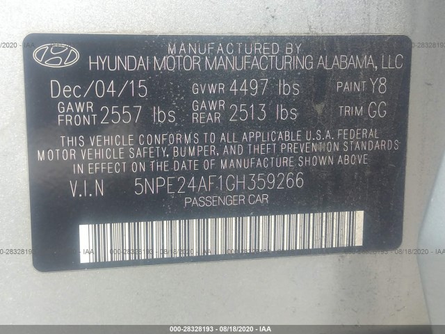 Photo 8 VIN: 5NPE24AF1GH359266 - HYUNDAI SONATA 