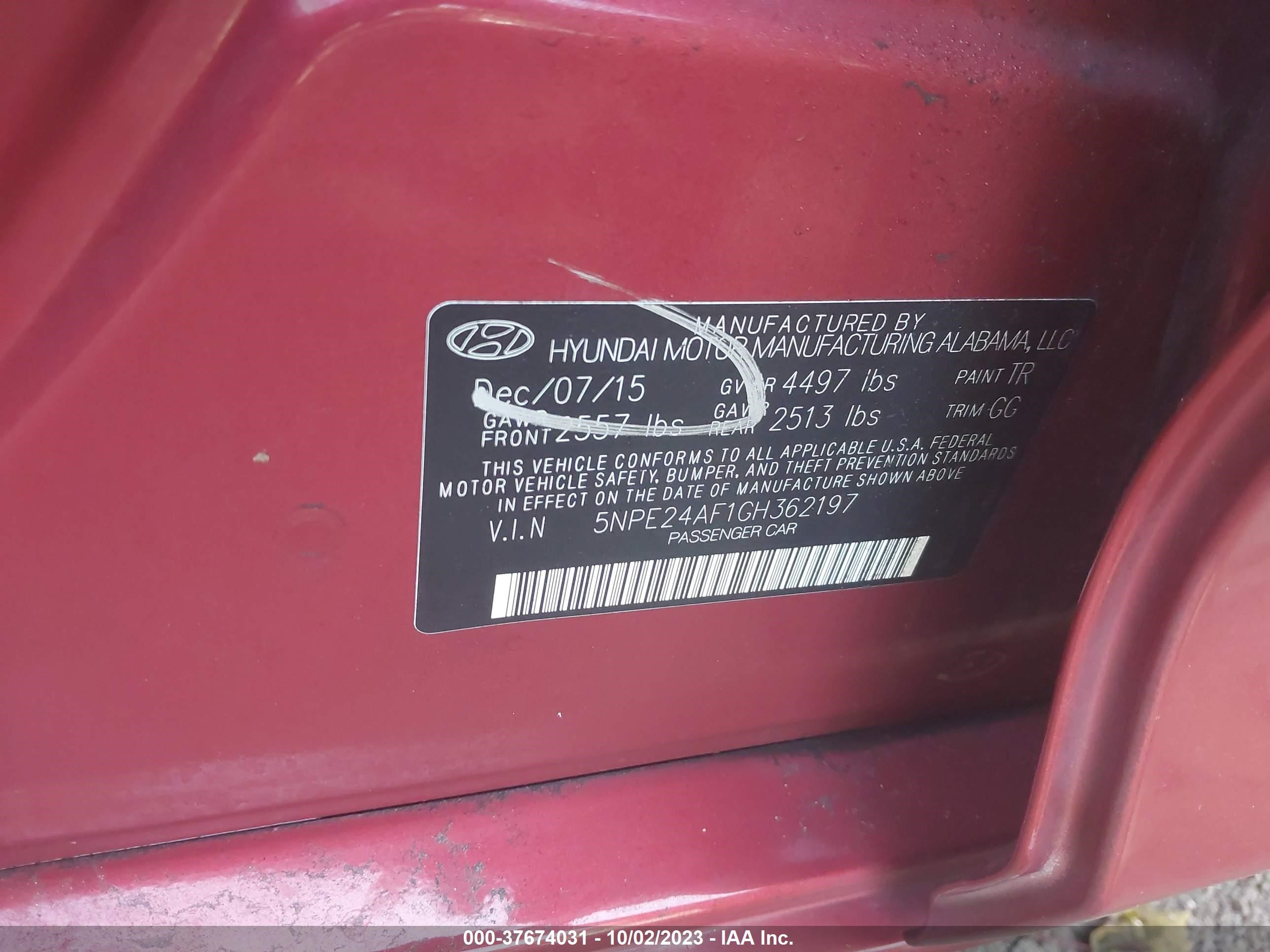 Photo 8 VIN: 5NPE24AF1GH362197 - HYUNDAI SONATA 