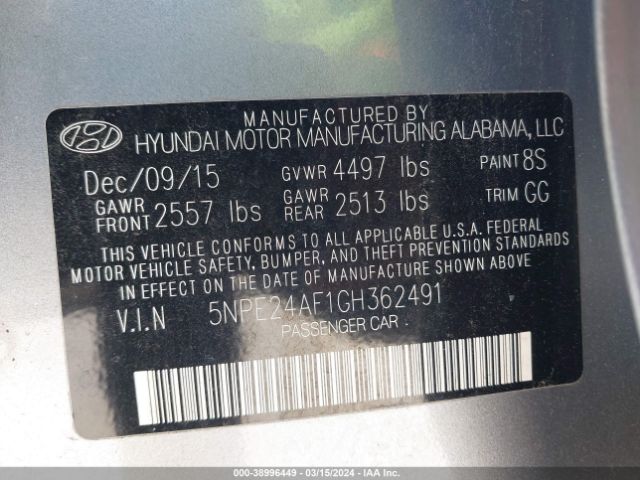 Photo 8 VIN: 5NPE24AF1GH362491 - HYUNDAI SONATA 