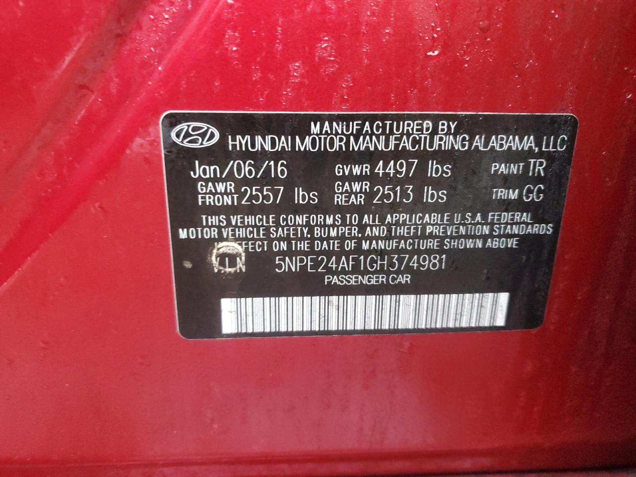 Photo 11 VIN: 5NPE24AF1GH374981 - HYUNDAI SONATA 