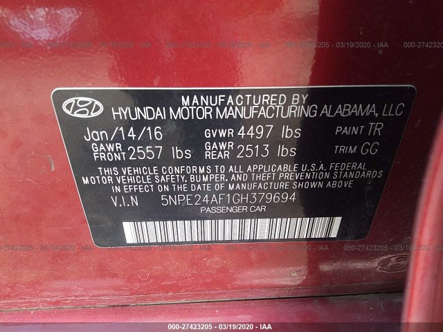 Photo 8 VIN: 5NPE24AF1GH379694 - HYUNDAI SONATA 