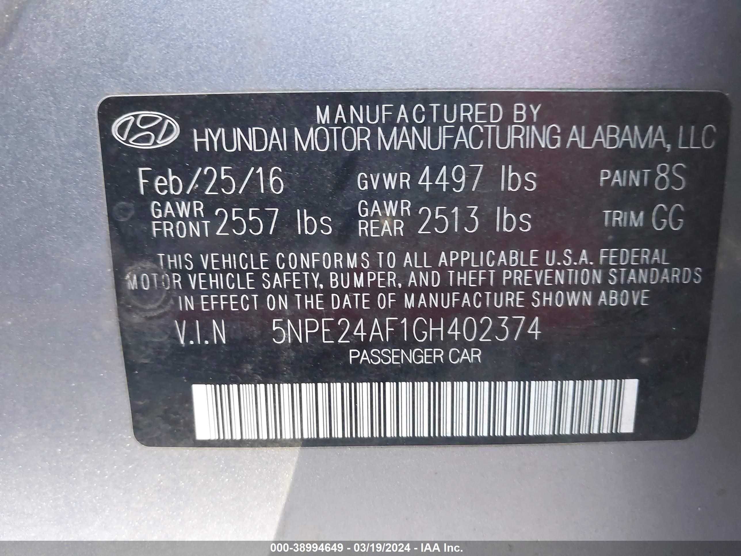 Photo 8 VIN: 5NPE24AF1GH402374 - HYUNDAI SONATA 