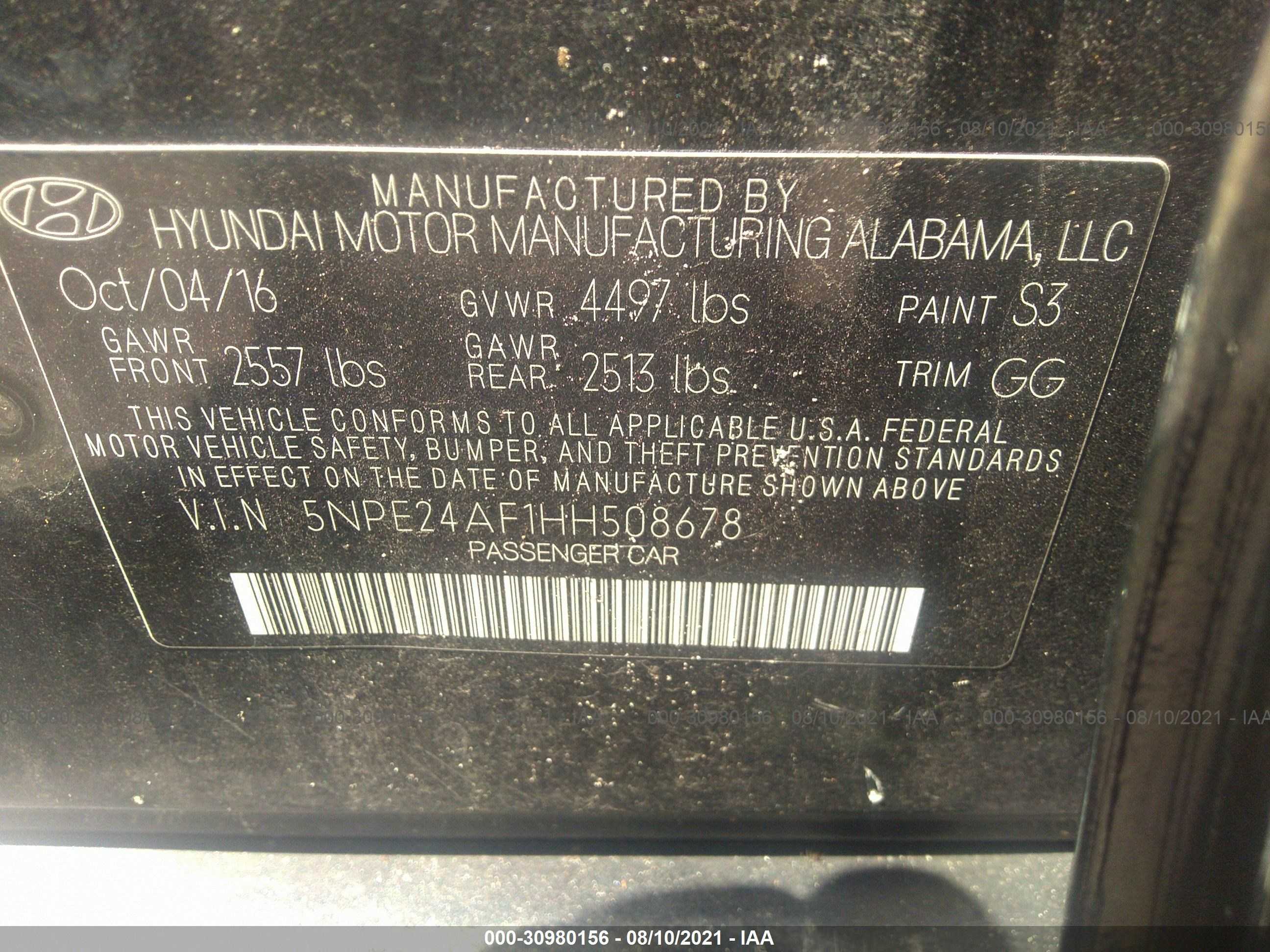 Photo 8 VIN: 5NPE24AF1HH508678 - HYUNDAI SONATA 