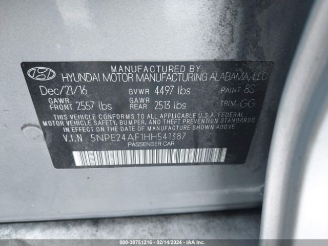 Photo 8 VIN: 5NPE24AF1HH541387 - HYUNDAI SONATA 