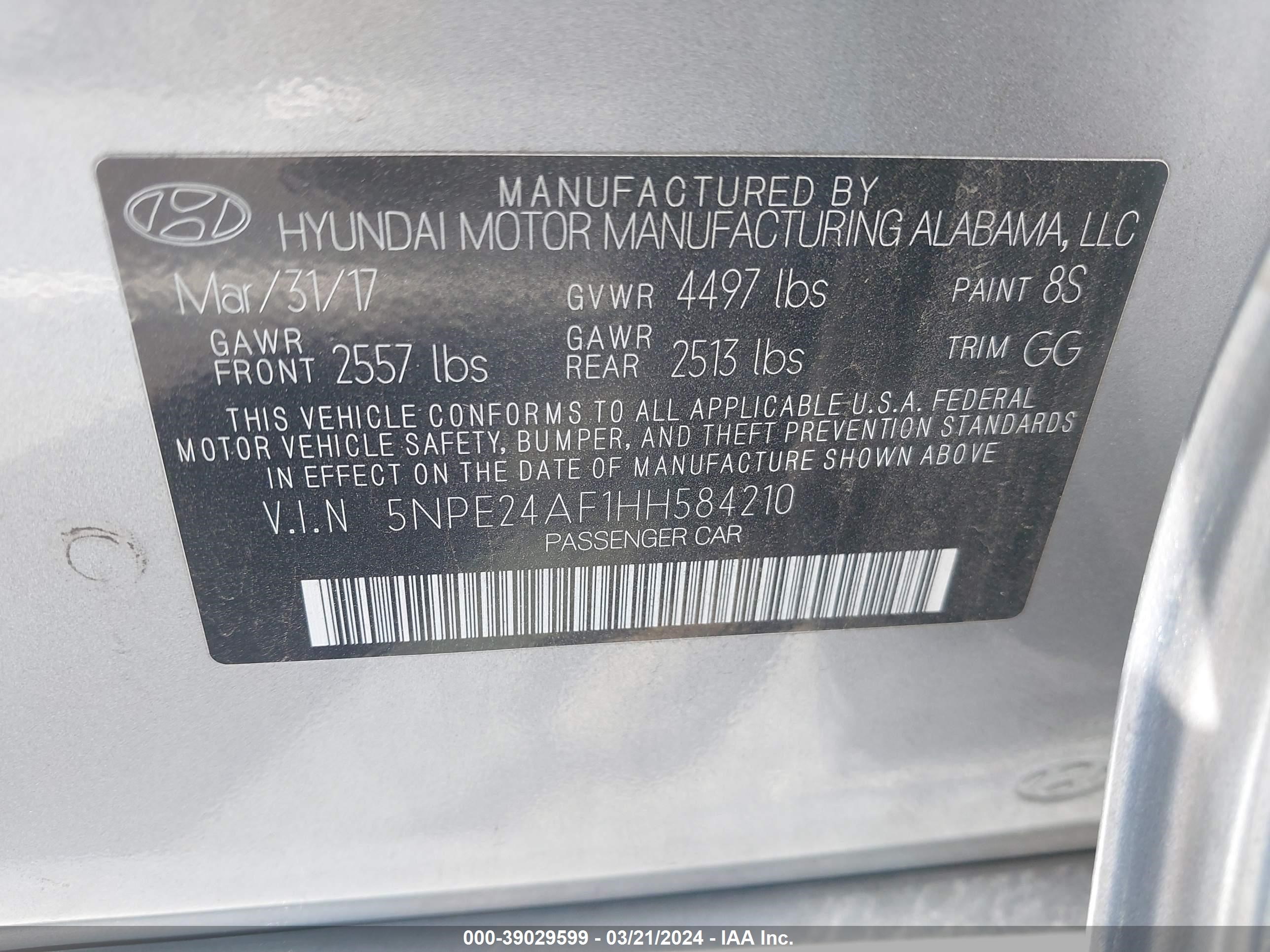 Photo 8 VIN: 5NPE24AF1HH584210 - HYUNDAI SONATA 