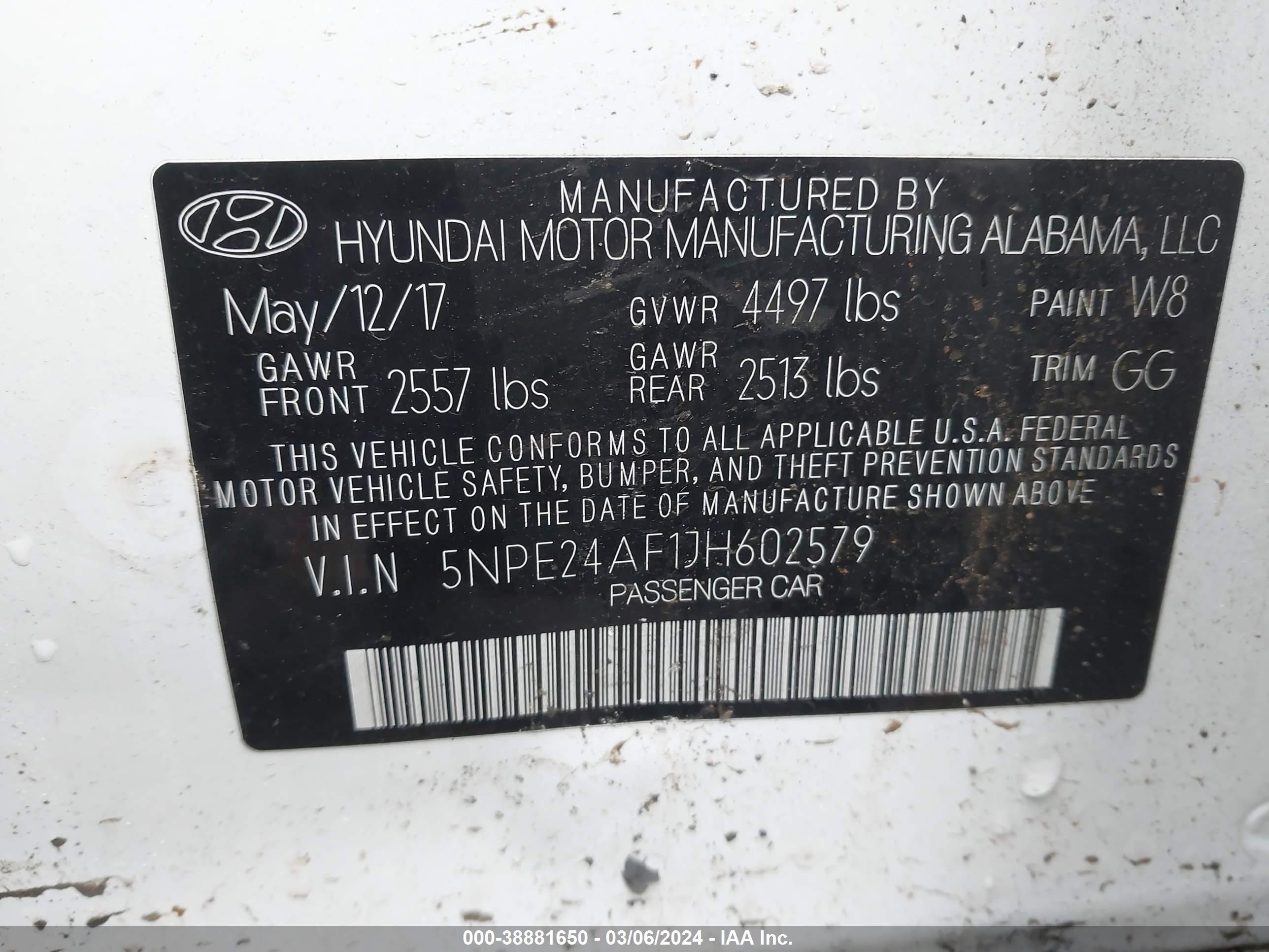 Photo 8 VIN: 5NPE24AF1JH602579 - HYUNDAI SONATA 