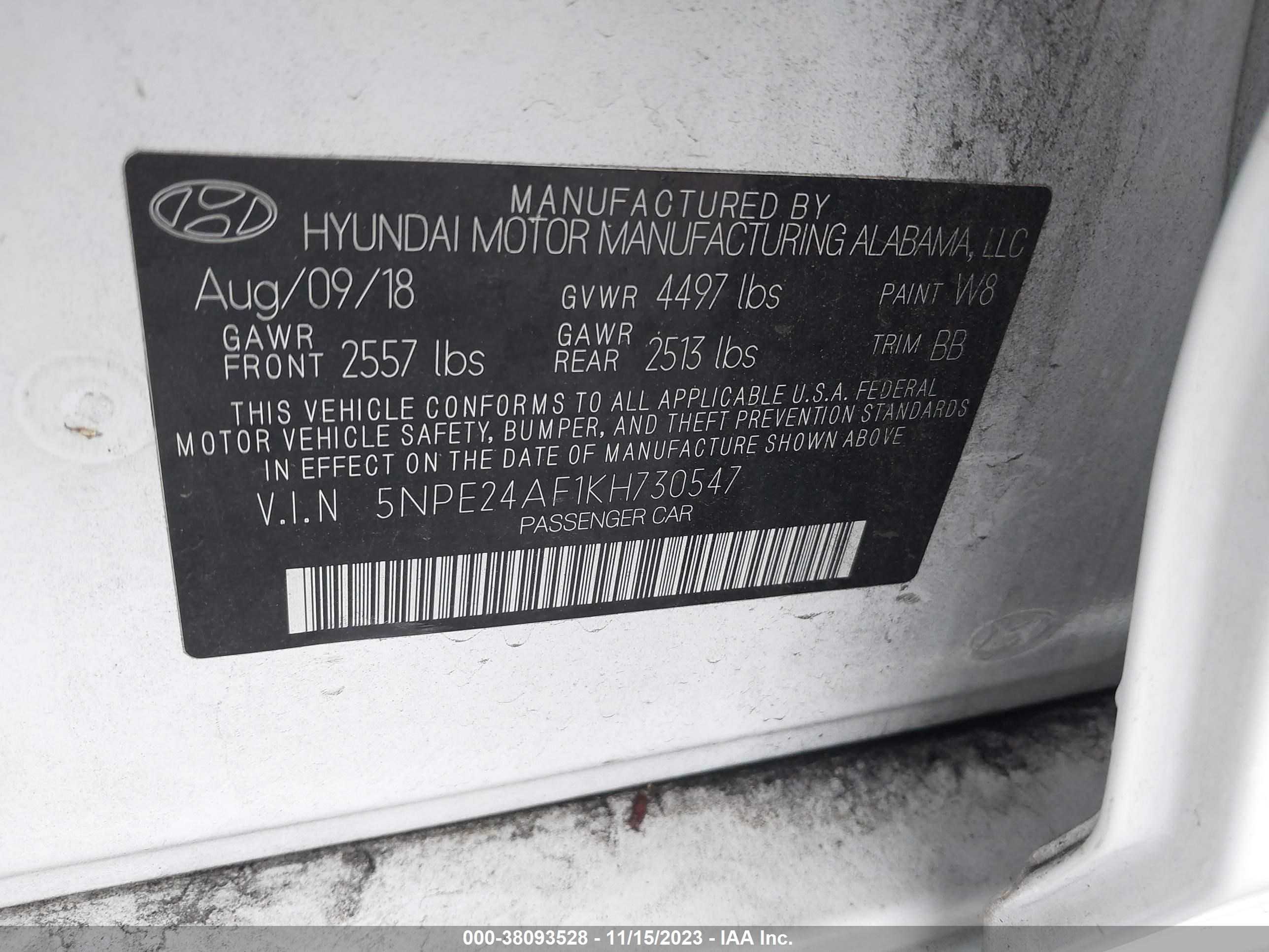 Photo 8 VIN: 5NPE24AF1KH730547 - HYUNDAI SONATA 