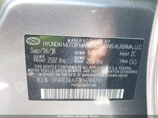 Photo 8 VIN: 5NPE24AF1KH744741 - HYUNDAI SONATA 