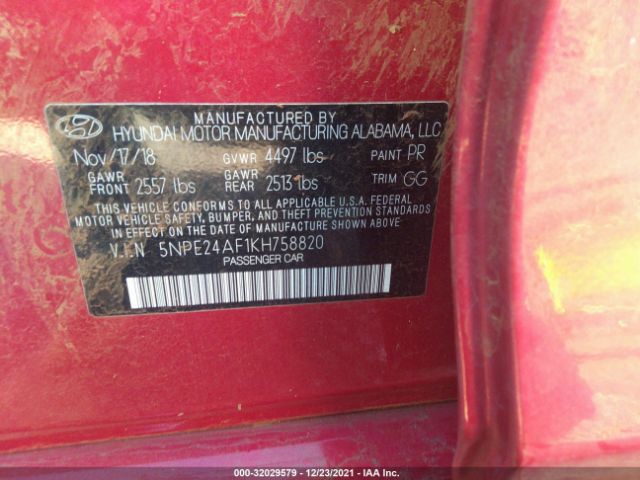 Photo 8 VIN: 5NPE24AF1KH758820 - HYUNDAI SONATA 