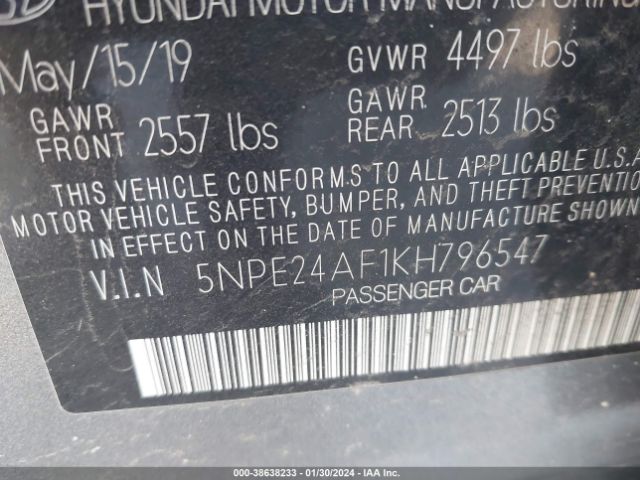 Photo 8 VIN: 5NPE24AF1KH796547 - HYUNDAI SONATA 