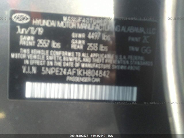 Photo 8 VIN: 5NPE24AF1KH804842 - HYUNDAI SONATA 