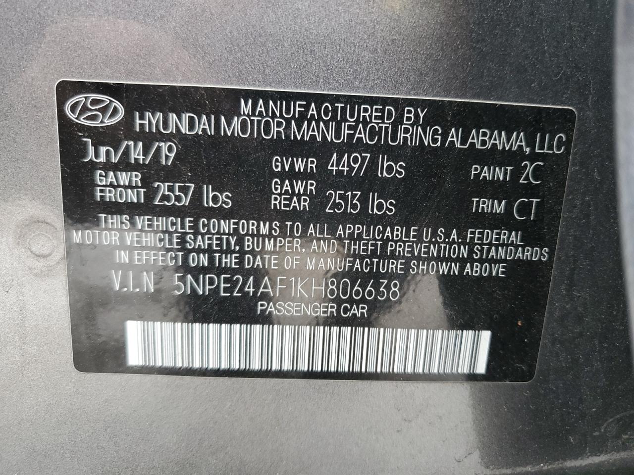 Photo 12 VIN: 5NPE24AF1KH806638 - HYUNDAI SONATA 