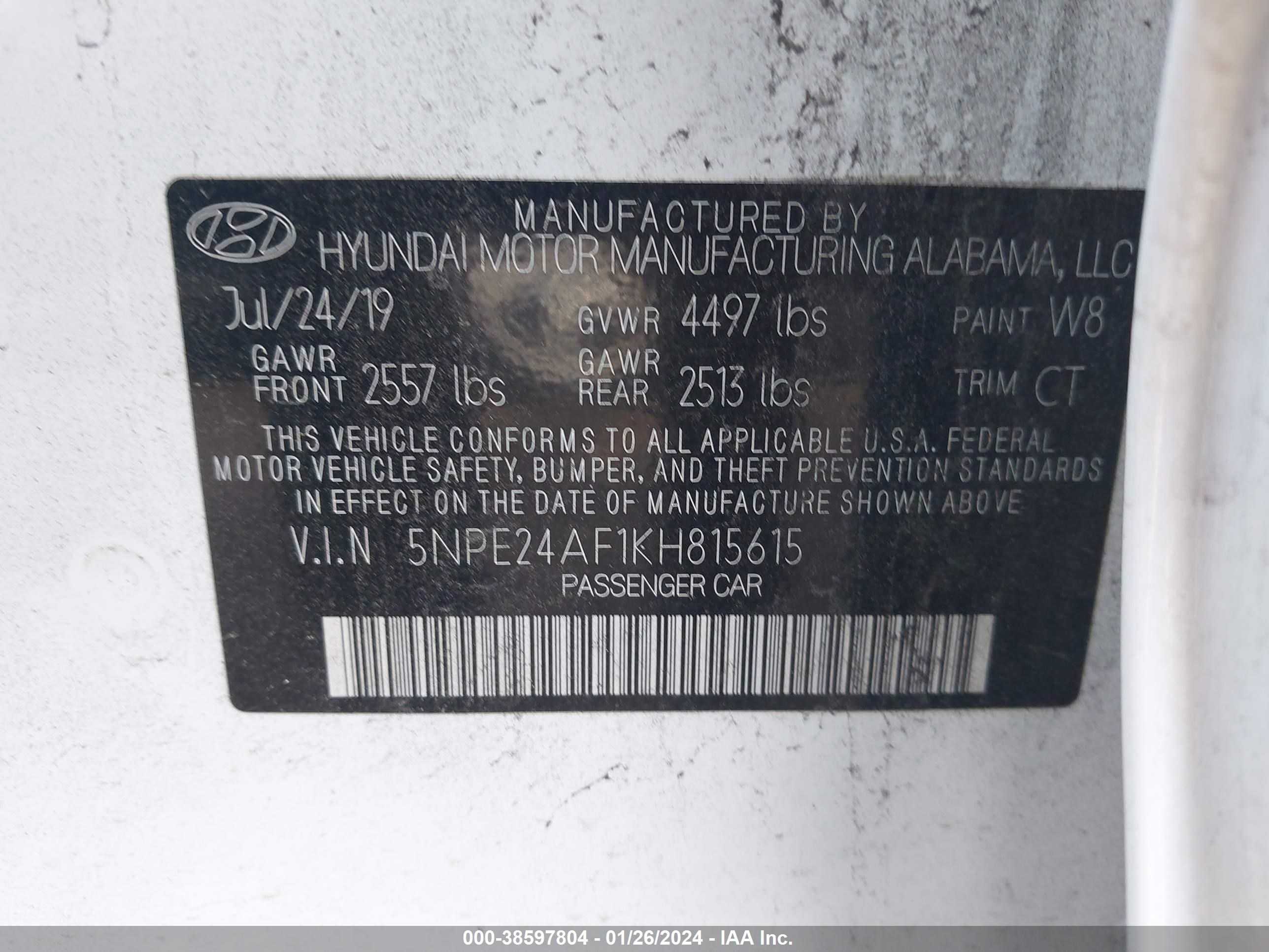 Photo 8 VIN: 5NPE24AF1KH815615 - HYUNDAI SONATA 