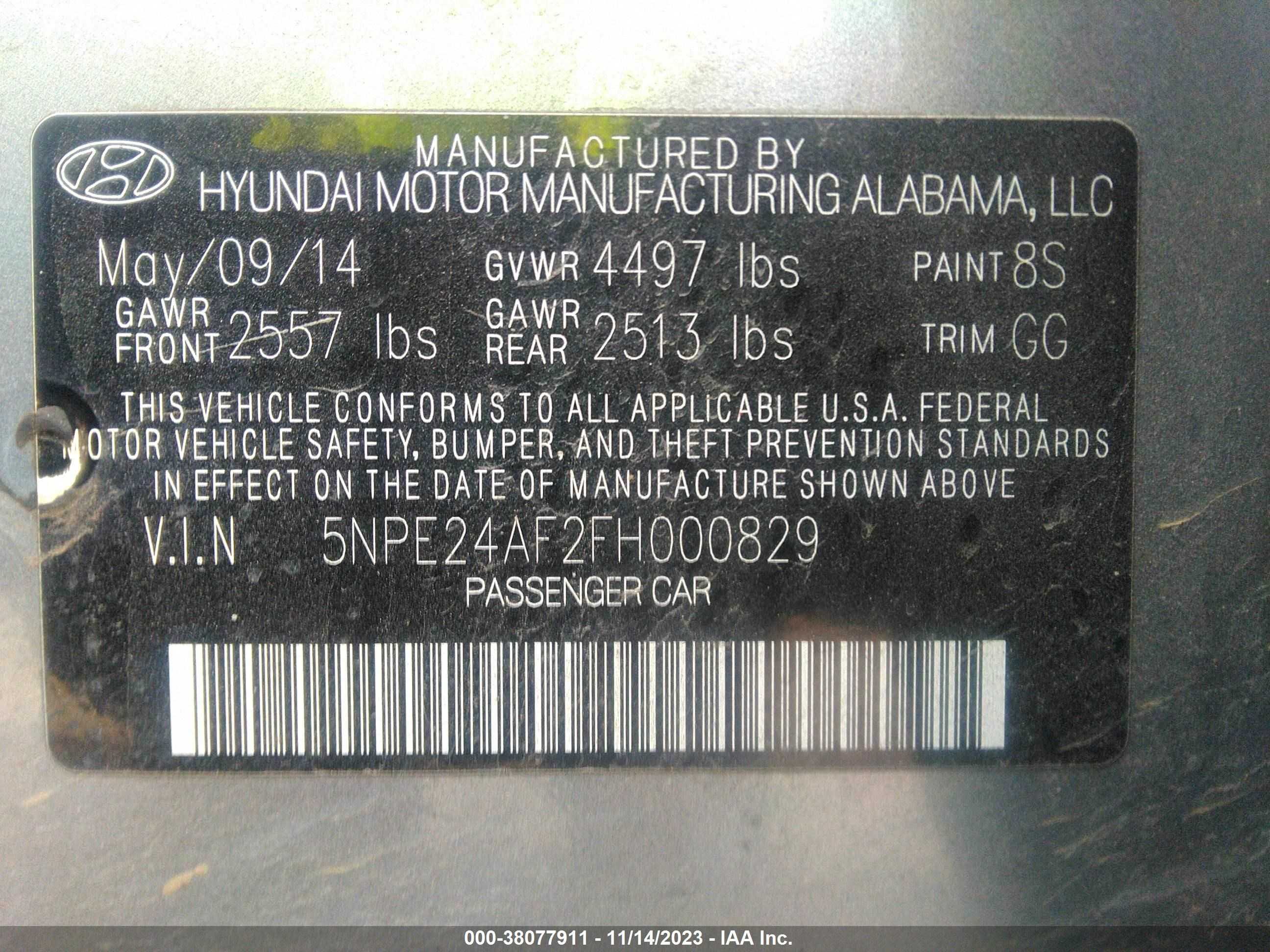 Photo 8 VIN: 5NPE24AF2FH000829 - HYUNDAI SONATA 