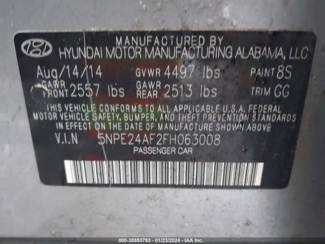 Photo 8 VIN: 5NPE24AF2FH063008 - HYUNDAI SONATA 