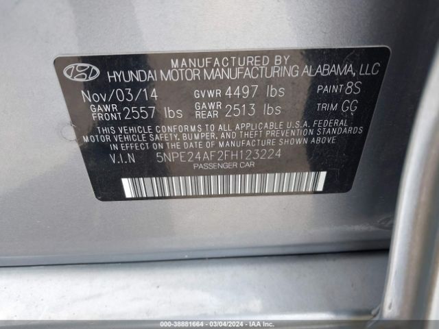 Photo 8 VIN: 5NPE24AF2FH123224 - HYUNDAI SONATA 