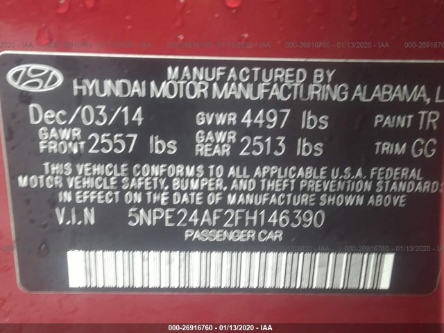 Photo 8 VIN: 5NPE24AF2FH146390 - HYUNDAI SONATA 